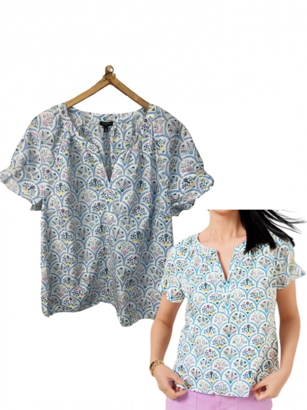Talbots Womens Floral Scalloped Short-Sleeve Top Size 1X